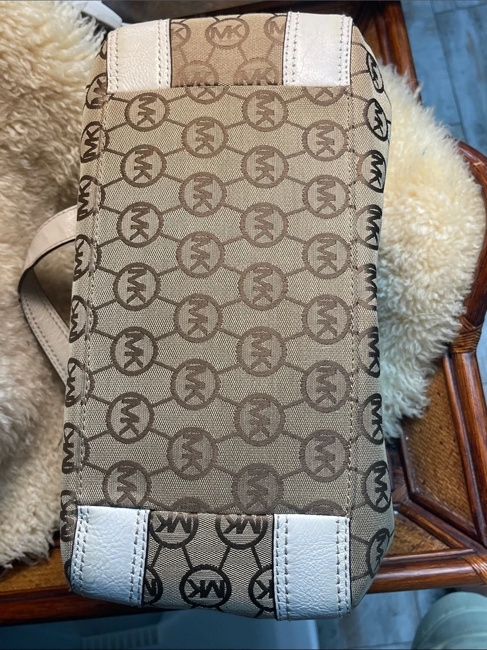 Michael Kors Beige Signature Drawstring Shoulder Bag with White Trim